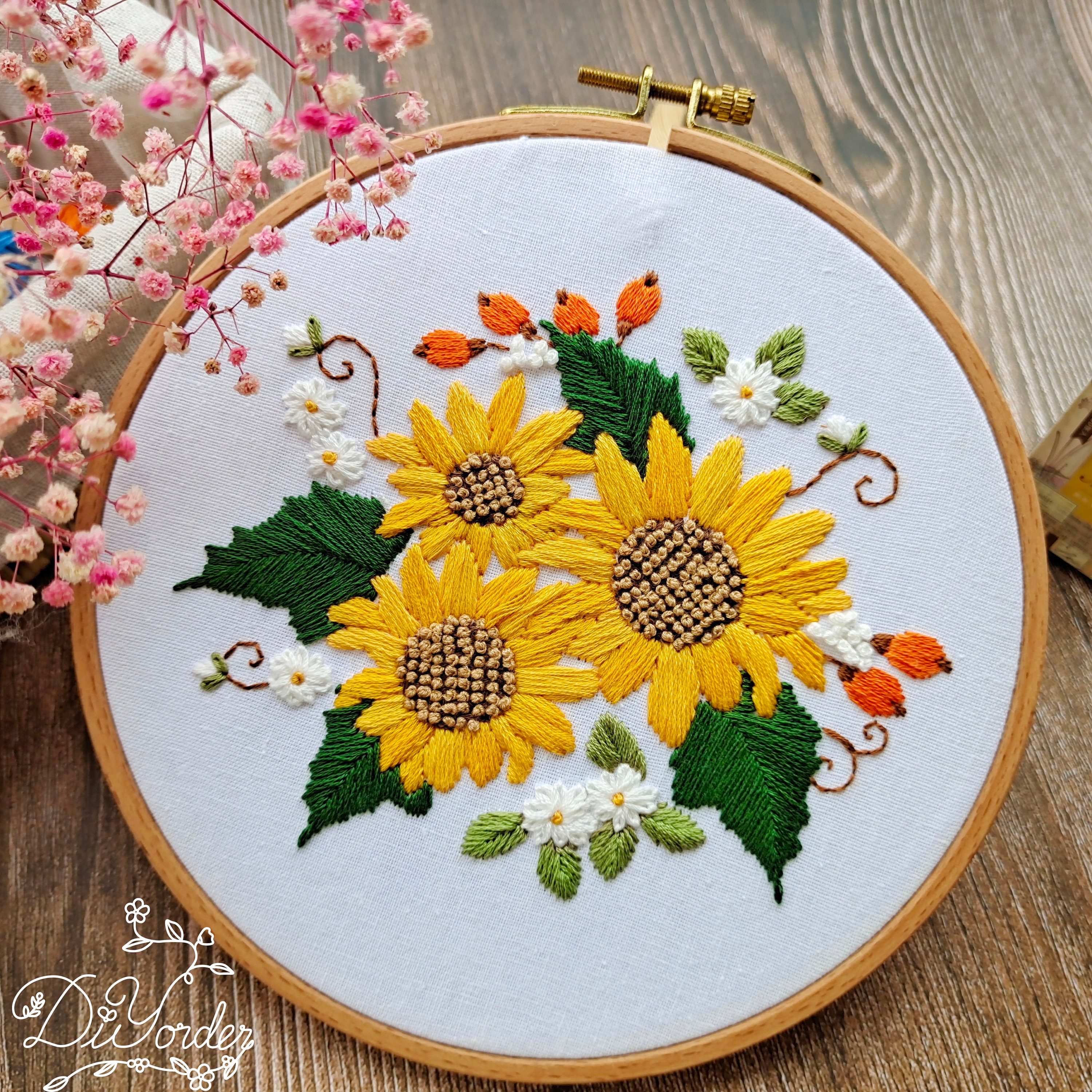ひまわりの刺繍 - 手作り刺繍 - 刺繍キット - 壁飾り - 誕生日
