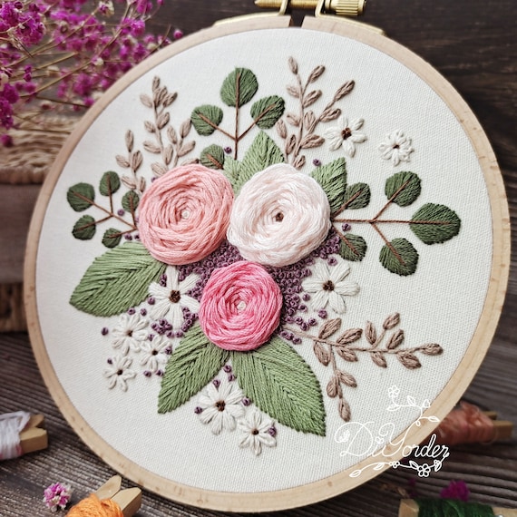 Rose Flower Embroidery Kit- Wedding Embroidery Kit- Modern Floral Flower  Pattern- Embroidery- Birthday Gift- Needlework- craft-gift to her
