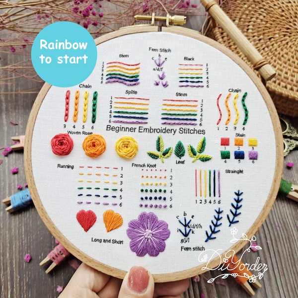 Rainbow Beginner kit-Hand embroidery stitch sampler-Embroidery starter kit-Embroidery beginner kit-Embroidery Pattern-birthday gift-handmade