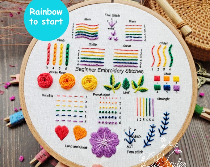 Rainbow Embroidery Starter Kit: Stitch Sampler Pattern (Beginner)