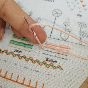 K&ouml;nnte beinhalten: Nahaufnahme einer Hand, die eine Nadel und Faden h&auml;lt und einen "Bullion"-Stich in der Stickerei zeigt. Der Stich ist mit einem hellrosa Faden auf wei&szlig;em Stoff ausgef&uuml;hrt. Die W&ouml;rter "Satin" und "Bullion" sind auf dem Stoff sichtbar.