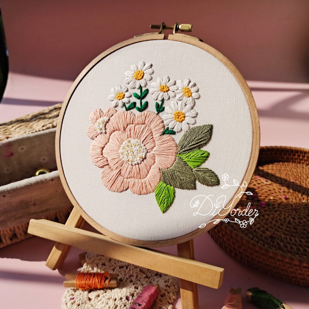 Broderie Vintage Crewel – Motif Floral Printemps – Chalet Anglais – Fait Main USA