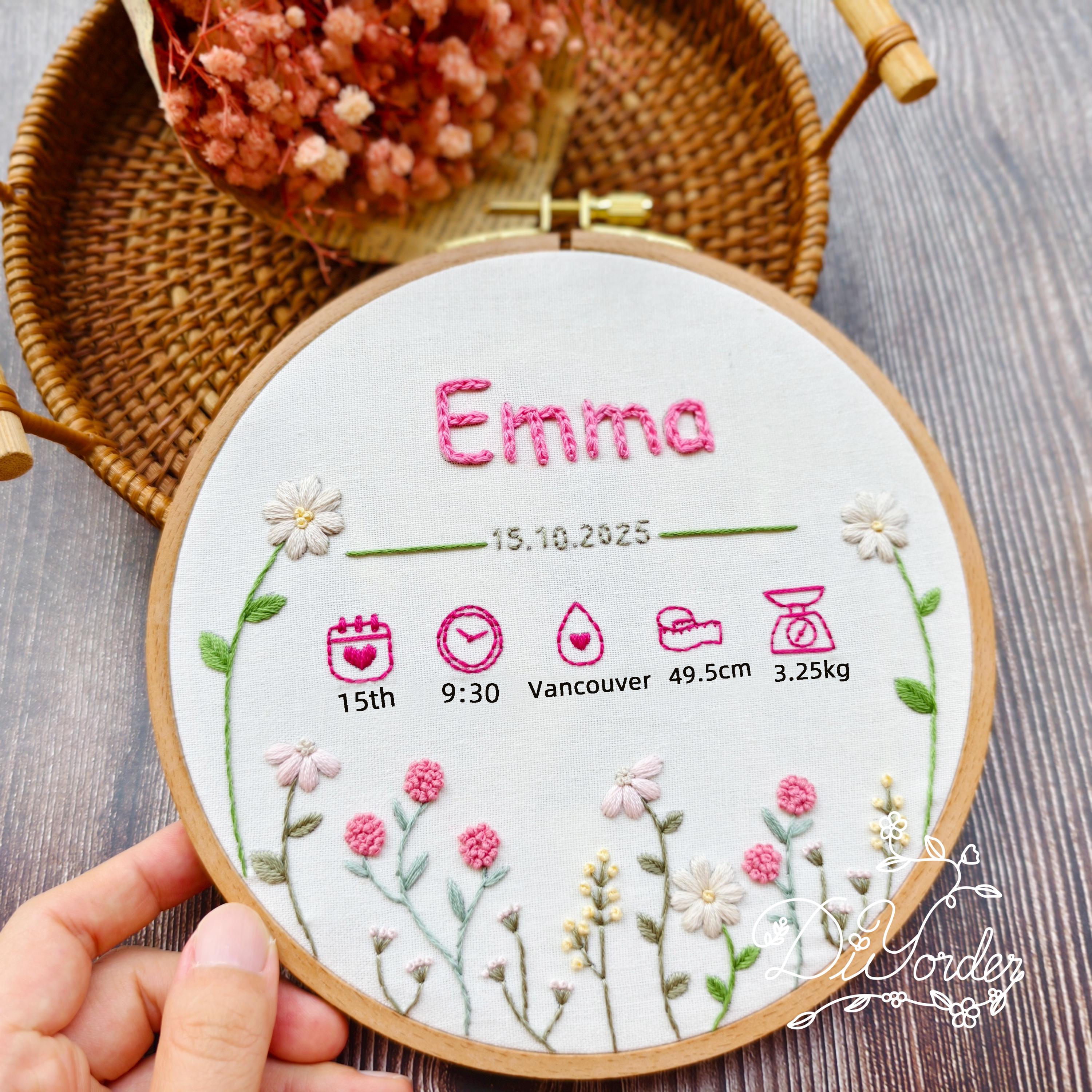 新生児の名前の花刺繍パターン：初心者向けDIY（PDFダウンロード