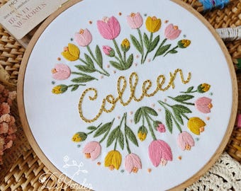 Tulip Flower Name Embroidery Kit: DIY Floral Personalized Embroidery