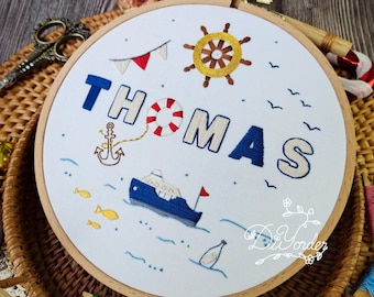 Ocean and Boat Name Embroidery Kit: DIY Floral Personalized Embroidery