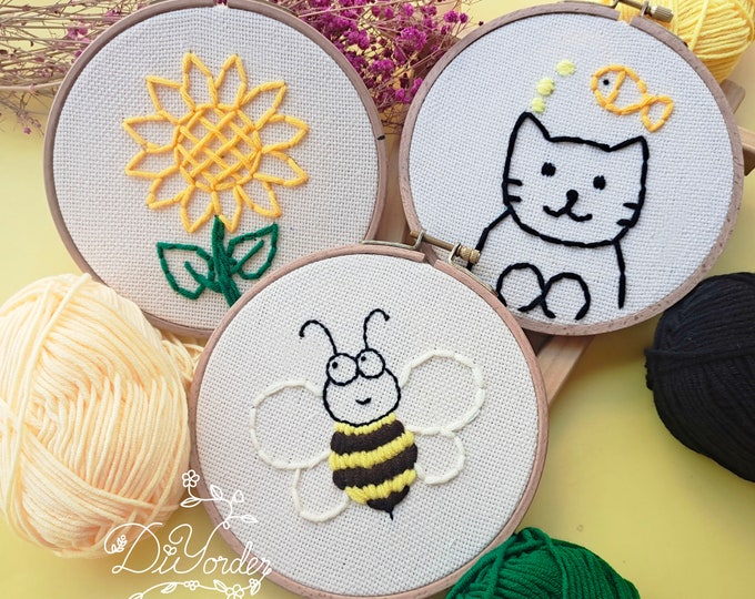 Kids Embroidery Starter Kit: Sunflower, Bee, Cat Designs