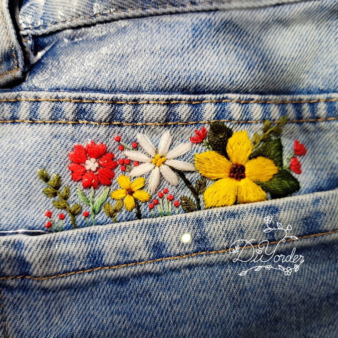 Red Flower Pocket Embroidery Kit-embroidery Stitch on Jeans-embroidery ...