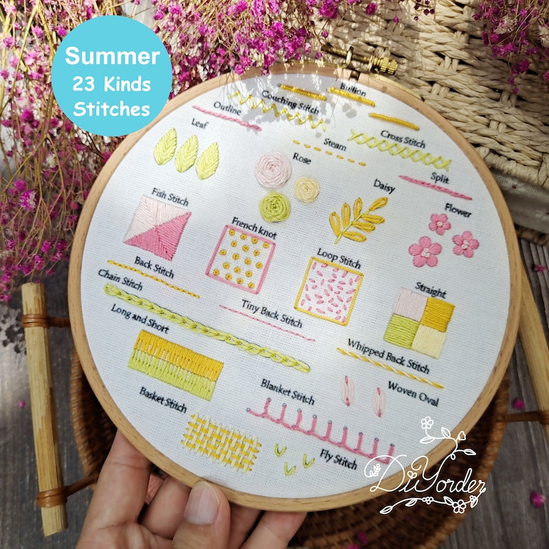 23 kinds Summer Beginner Embroidery stitch kit-embroidery stitch sampler-Embroidery starter kit-Embroidery beginner kit-birthday gift image 9