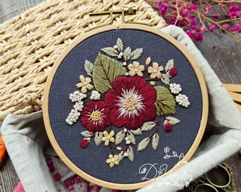 Kit de broderie de fleurs rouges-Broderie faite à la main-cadeau pour elle-Conception de broderie de fleurs-Needlepoint-Kit d’artisanat de bricolage-Cadeau d’anniversaire-Cadeau de Noël