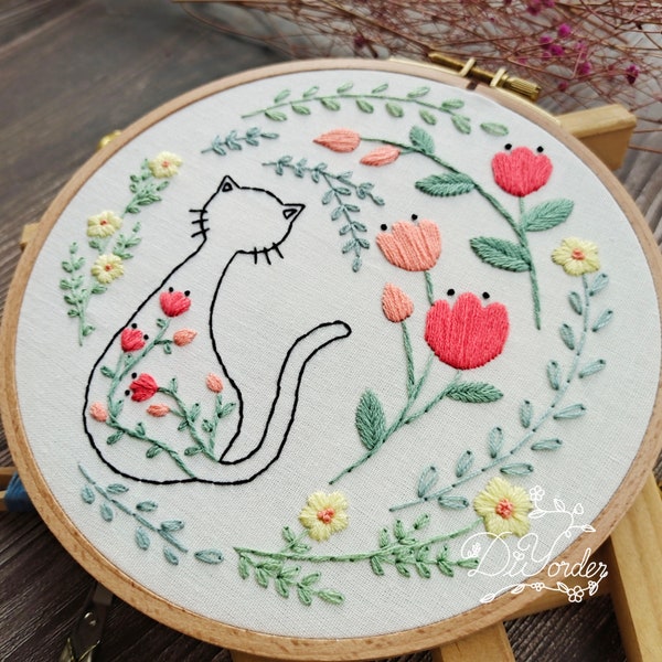 Cat embroidery kit-Handmade Embroidery-gift for her-Flower Embroidery Design-Needlepoint-Cat DIY Craft Kit-Birthday Gift-Christmas Gift-