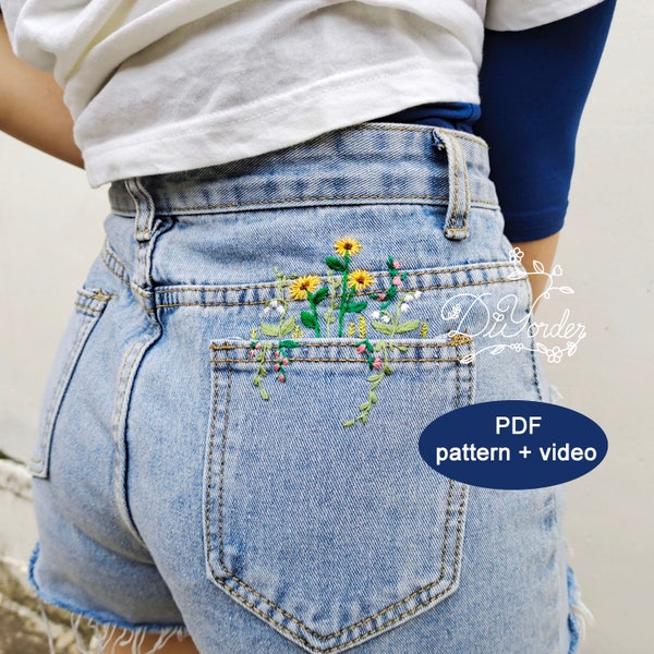 Pocket Flower Stickmuster-PDF Stickmuster - Digitales Stickmuster auf Jeans-Stickdatei PDF und Muster