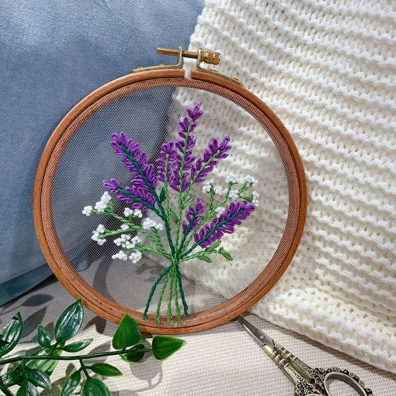 lavender Embroidery Embroidery Pattern Gift for her Pre Print Fabric Party Birthday Gift Kids Craft Needlework Hoop Art-sewing kit image 1