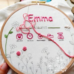 May include: Hand-stitched embroidery hoop featuring the name "Emma" in pink. Details include birth date, time, location, and weight (3.25 KG). The design incorporates floral motifs and a heart-shaped element.