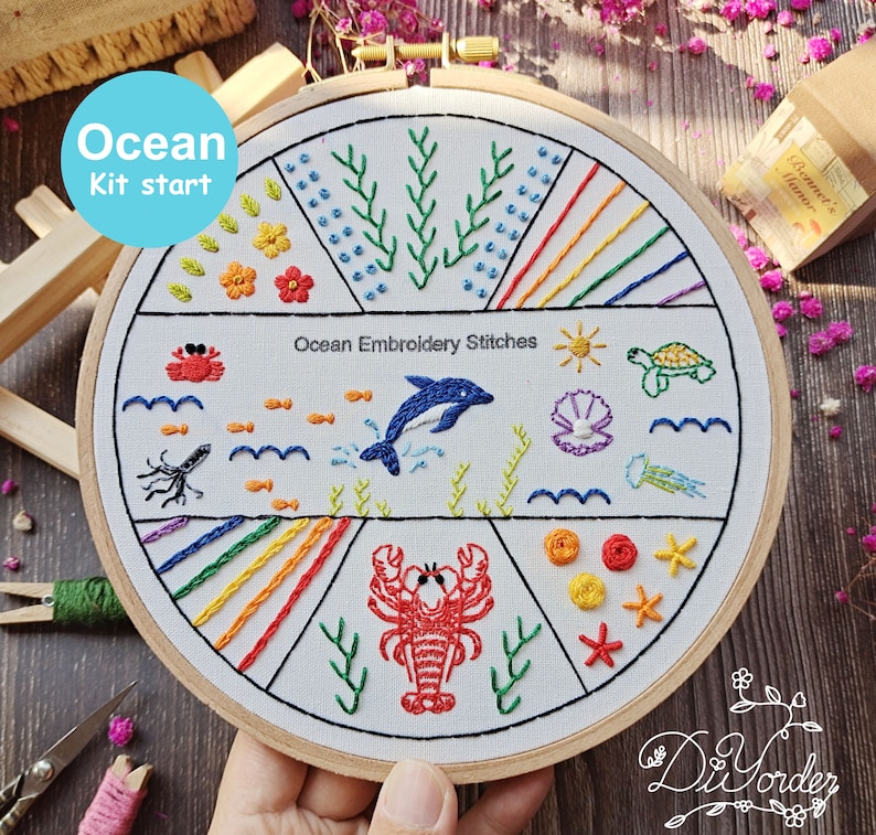 Ocean Beginner sampler kit-embroidery stitch sampler-Embroidery starter kit-Embroidery beginner kit-Embroidery Pattern gift-handmade Ocean kit + 1 hoop