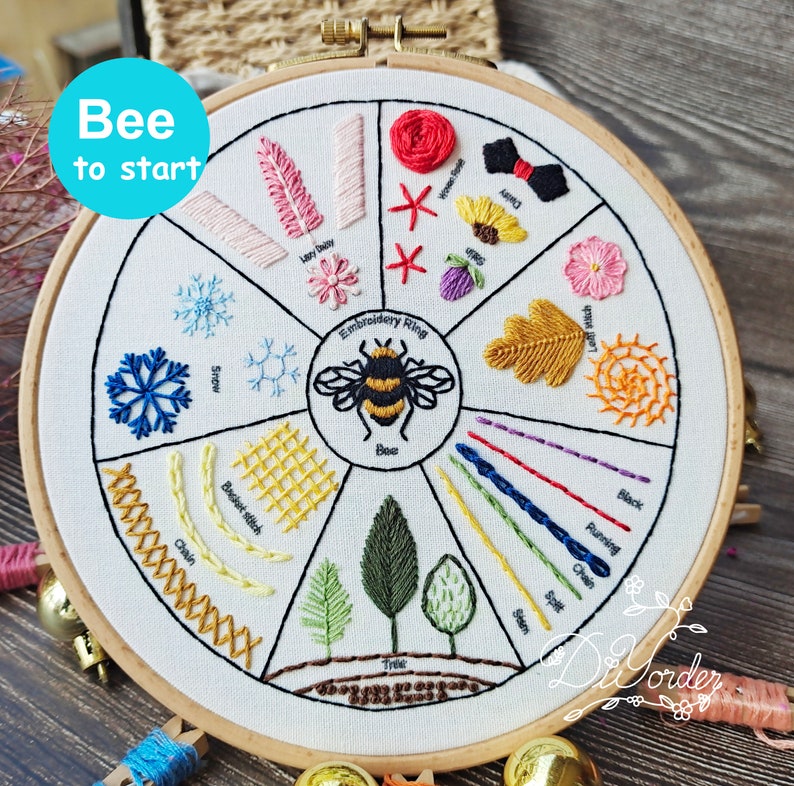 Ocean Beginner sampler kit-embroidery stitch sampler-Embroidery starter kit-Embroidery beginner kit-Embroidery Pattern gift-handmade Bee fabric Only