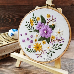 DIY Craft Kit- Hand Embroidery Kit- Modern Floral Flower Pattern- Pre Print Fabric- Party Birthday Gift- Kids Craft- Needlework- Hoop Art