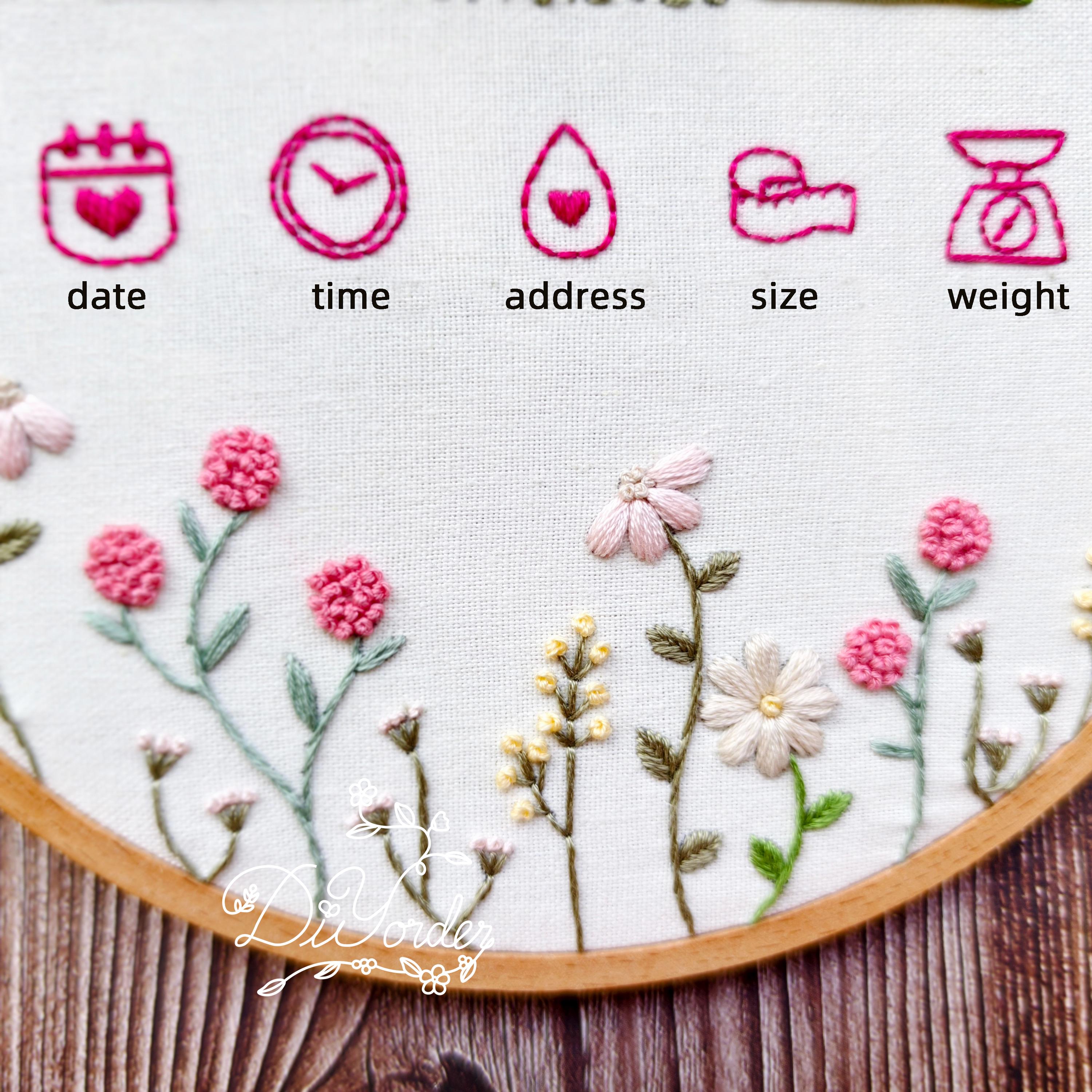 新生児の名前の花刺繍パターン：初心者向けDIY（PDFダウンロード