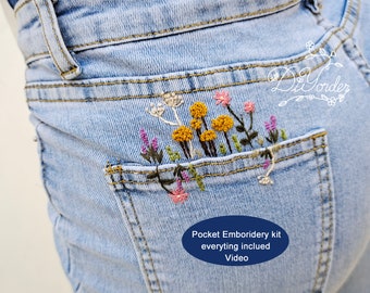 Pocket Embroidery flower kit-embroidery stitch on Jeans-Embroidery kit on pocket-Embroidery cloths-Embroidery Pattern-gift-Hat embroidery