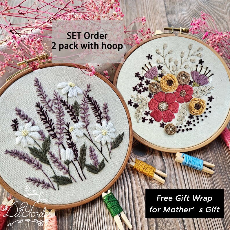 2 pack embroidery kit-Handmade Embroidery-gift for her-Flower Embroidery Design-Needlepoint-DIY Craft Kit-Birthday Gift-Wall decor-Craft 