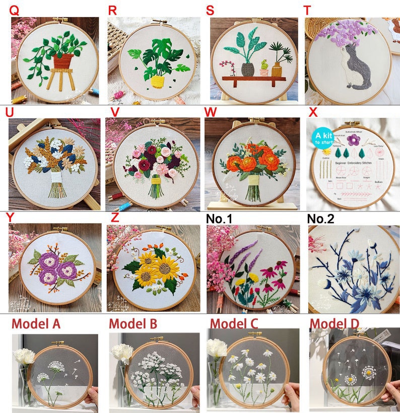 Peut inclure: Un ensemble de 16 kits de broderie sur cercle pr&eacute;sentant divers motifs floraux et v&eacute;g&eacute;taux. Les cercles sont en bois et ont une finition naturelle. Les motifs comprennent un tournesol, un bouquet de fleurs, une plante en pot et un chat.