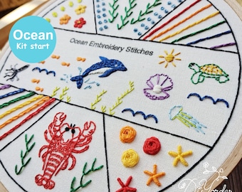 Ocean Beginner sampler kit-embroidery stitch sampler-Embroidery starter kit-Embroidery beginner kit-Embroidery Pattern- gift-handmade