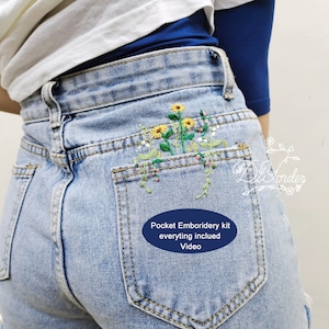 Pocket flower kit-Hand embroidery stitch on Jeans-Embroidery starter kit on pocket-Embroidery cloths-Embroidery Pattern-Birthday gift
