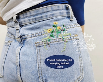 Pocket flower kit-Hand embroidery stitch on Jeans-Embroidery starter kit on pocket-Embroidery cloths-Embroidery Pattern-Birthday gift