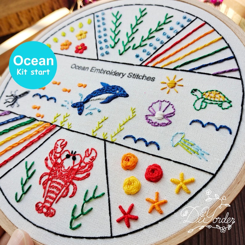 Zestaw do haftowania kawy dla początkujących-zestaw startowy do haftu-zestaw dla początkujących do haftu-wzór haftu-prezent urodzinowy-ręcznie wykonany-prezent dla niej-prezenty Ocean kit+ 1 hoop