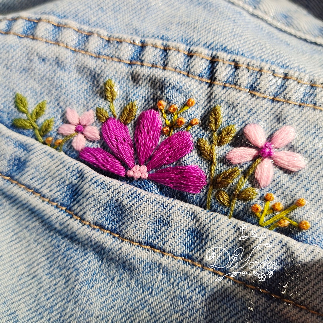 Purple Flower Pocket Embroidery Kit: Stitch on Jeans (pattern) - Etsy