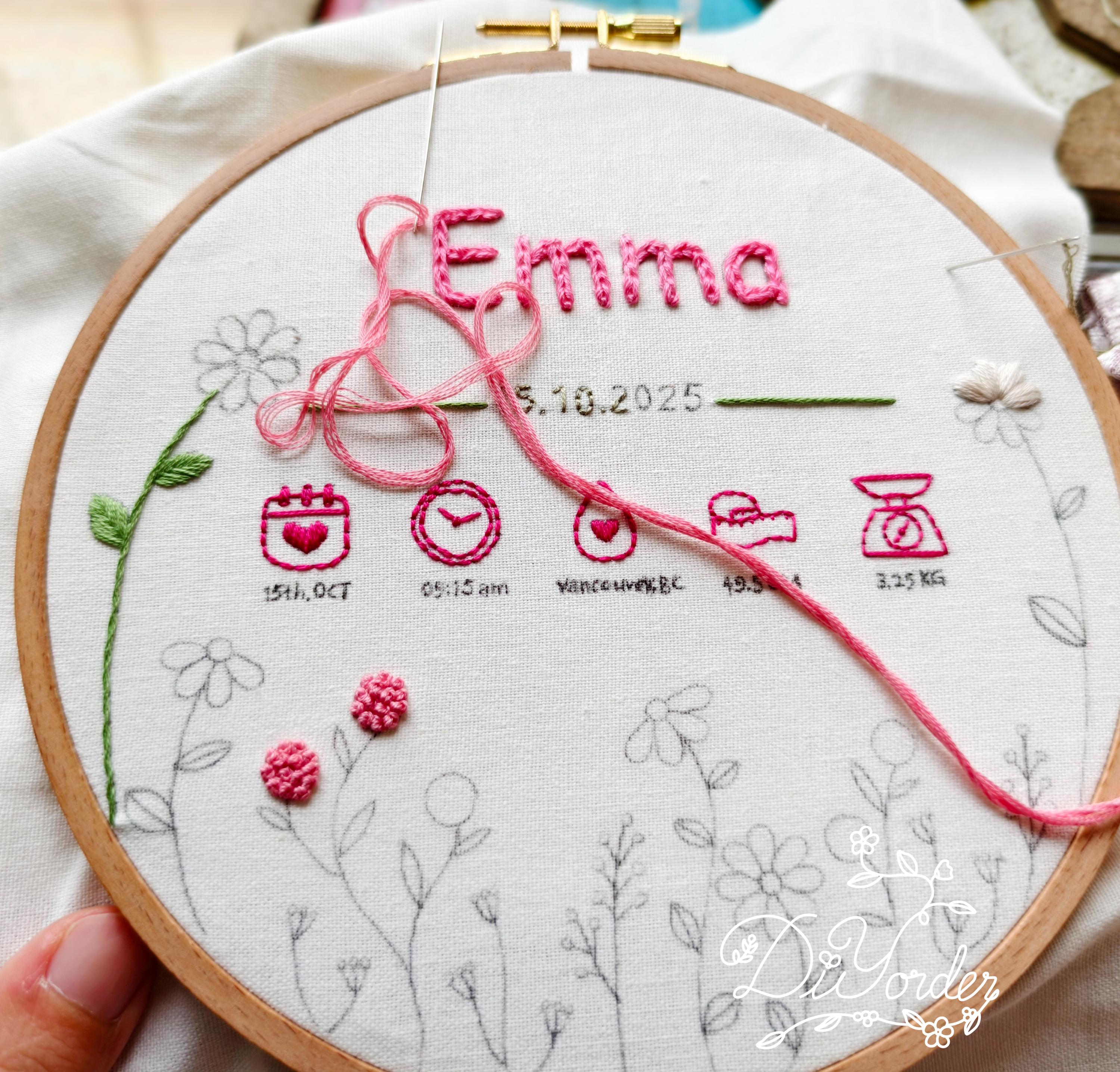 新生児の名前の花刺繍パターン：初心者向けDIY（PDFダウンロード