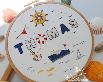 Ocean and Boat Name Embroidery Kit: DIY Floral Personalized Embroidery