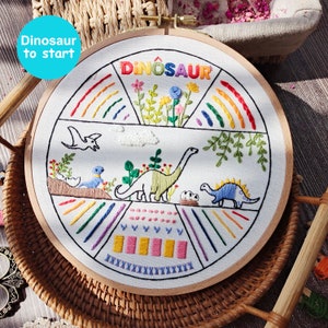 May include: A white embroidery hoop with a colorful dinosaur design. The design includes a rainbow, flowers, and a dinosaur with eggs. The hoop is made of wood and has a diameter of 8 inches.