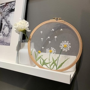 Beginner Embroidery Hoop Art, Transparent Dandelion Flower pattern, Tutorial Videos, Bamboo Hoop, Embroidery Design-Birthday Gift