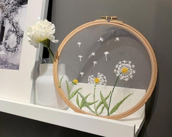 Beginner Embroidery Hoop Art, Transparent Dandelion Flower pattern, Tutorial Videos, Bamboo Hoop, Embroidery Design-Birthday Gift