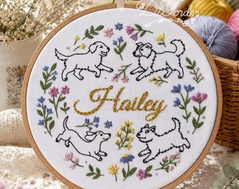 Personalized Name with dogs Embroidery Kit: Floral Name Hoop Art DIY Craft