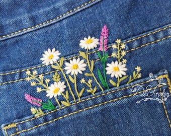 Pocket flower kit-Hand embroidery stitch on Jeans-Embroidery starter kit on pocket-Embroidery cloths-Embroidery Pattern-Birthday gift