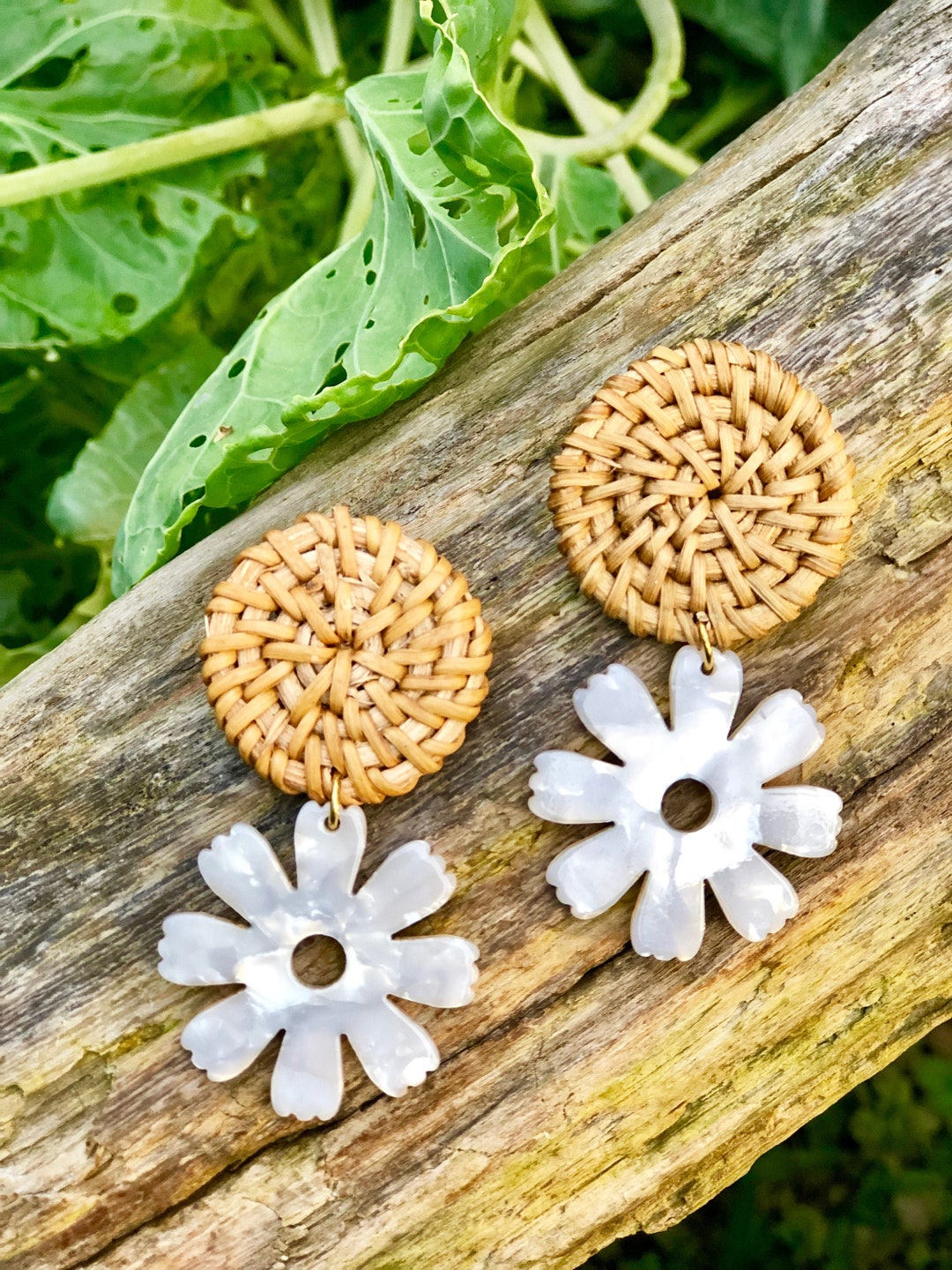 Floral & Rattan Earrings Etsy