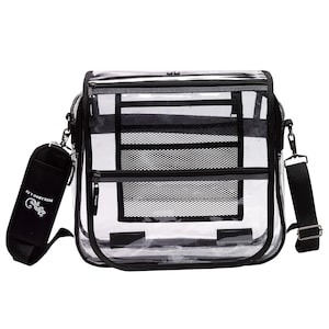 May include: Clear plastic messenger bag with a black adjustable shoulder strap and a black zippered pocket on the front. The bag has a black mesh pocket on the inside and the text "PEEKABOO L.C." on the strap.