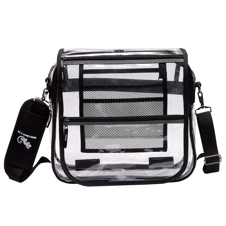 May include: Clear plastic messenger bag with a black adjustable shoulder strap and a black zippered pocket on the front. The bag has a black mesh pocket on the inside and the text "PEEKABOO L.C." on the strap.