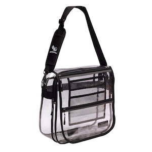 May include: Clear plastic messenger bag with a black adjustable shoulder strap and multiple compartments. The bag has a black zipper and a black mesh pocket. The strap has a small white logo that says "WILD ABOUT YOU CO."