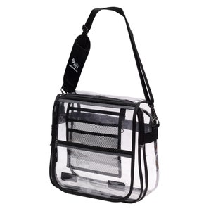 May include: Clear plastic messenger bag with a black adjustable shoulder strap and black zippered compartments. The bag has a black mesh pocket on the front and the words "WILD & FREE" are embroidered on the strap.