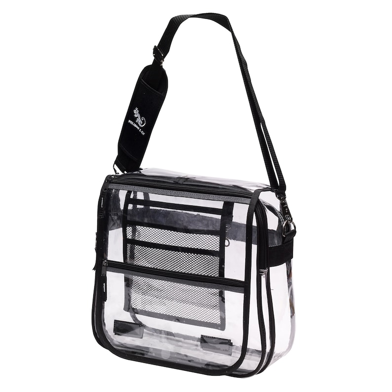 May include: Clear plastic messenger bag with a black adjustable shoulder strap and black zippered compartments. The bag has a black mesh pocket on the front and the words "WILD & FREE" are embroidered on the strap.