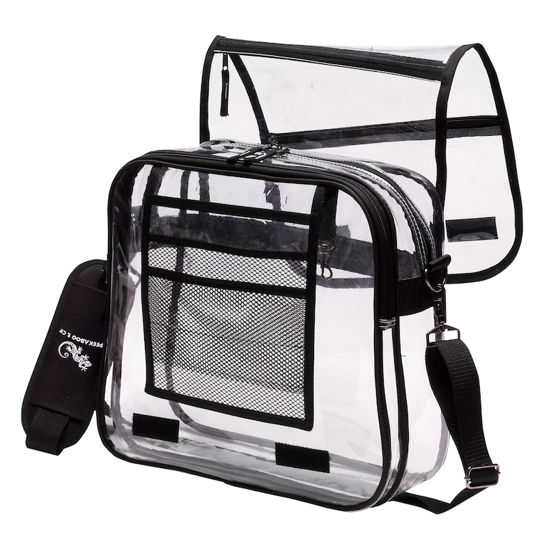May include: Clear plastic bag with a black zipper and a black shoulder strap. The bag has a mesh pocket and the text "Preyaboo Co." on the strap.