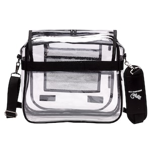 May include: Clear plastic shoulder bag with a black adjustable strap and a black mesh pocket inside. The bag has a black strap with the text "REEZAKOO CO." and a lizard logo.