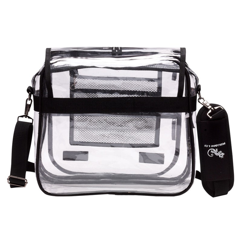 May include: Clear plastic shoulder bag with a black adjustable strap and a black mesh pocket inside. The bag has a black strap with the text "REEZAKOO CO." and a lizard logo.