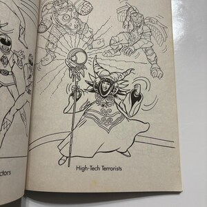 May include: Black and white line art illustration of a group of characters from the Power Rangers franchise. The characters are fighting against a group of villains. The villains are a group of high-tech terrorists. The text "High-Tech Terrorists" is written below the image.