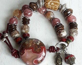 Buddha Jade Bracelet, Boho Bracelet, Agate, Bronzite, Czech Picasso Glass, Muscovite of Madagascar, Laguna Lace Agate Button, Leather