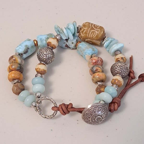 Bracelet Larimar naturel, Bouddha en Jade sculpté, Bracelet Boho, Verre Tchèque, Agate, Amazonite, argent Karen Hill Tribe, Cuir