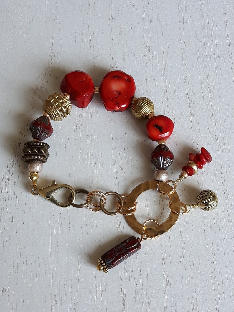 African Pearls and Czech Republic Red Boho bracelet for women Gold Gift for her Declaration Gift Valentine/'s Gift