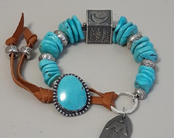 Natural Turquoise Bracelet, Anne Choi "Sky" Pearls, Karen Hill Tribe Silver, Hubei Turquoise Button, Tinplate, Deer Skin Cord